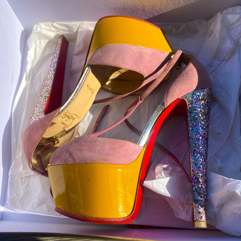 Christian Louboutin Nenecheritza Suede heel in size 37.5. Red bottoms. US 6/6.5